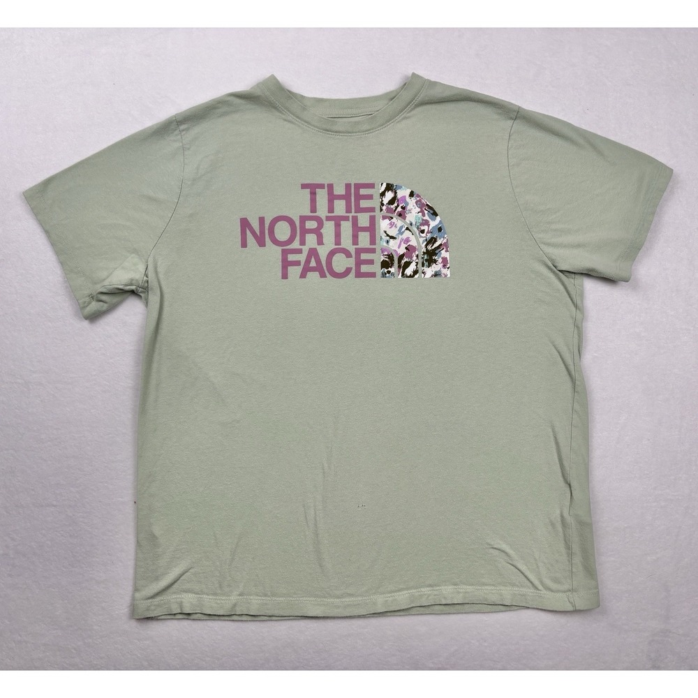 The North Face Womens Large Green Floral Logo T Shirt Outdoor Hiking
